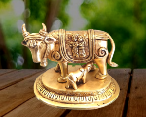 Brass kamadhenu with calf idol