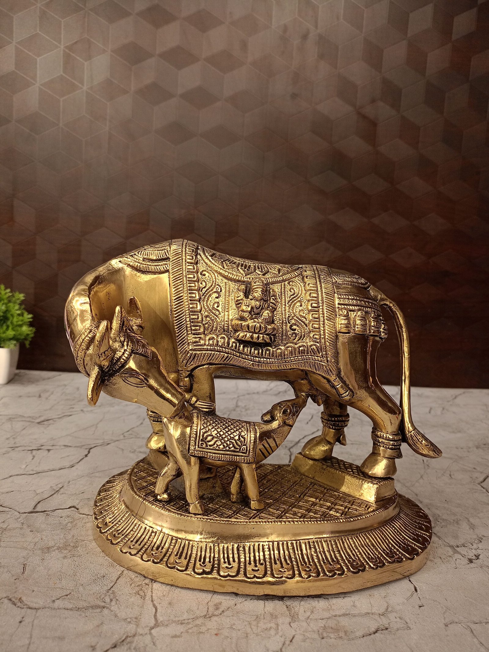 Brass Kamadhenu With Ganesha and Lakshmi God Portrait Idol- 7.5" 1 brass cow and calf