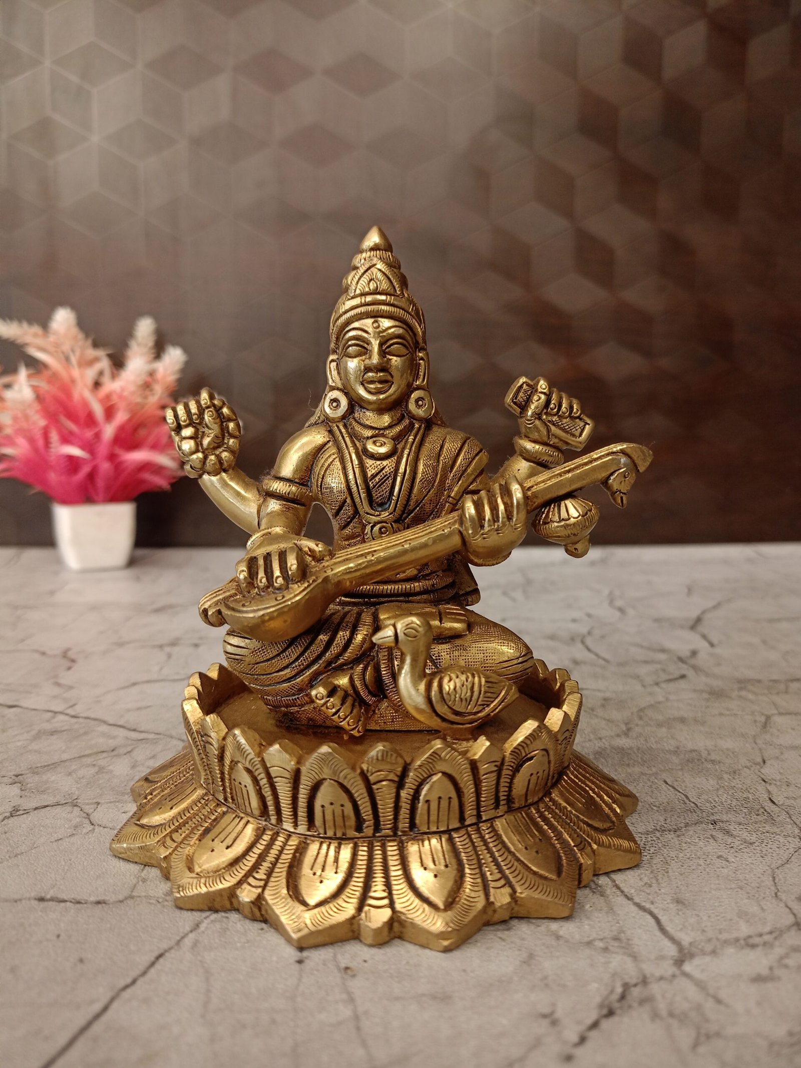 Brass Saraswathi Sculpture- 5" 1 brass saraswathi idol