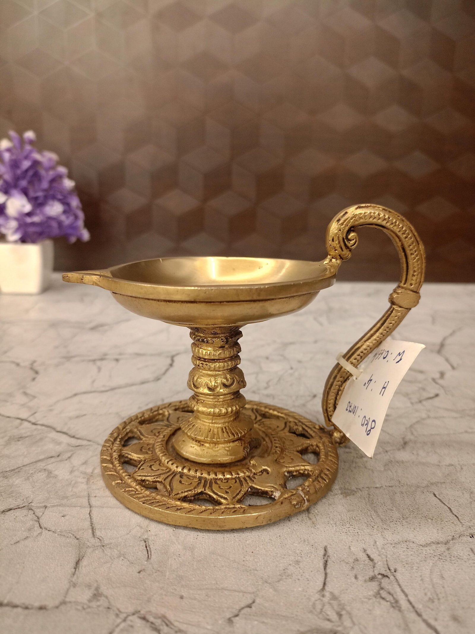 oplus_32 Brass Round Shape Diya With Handle Idol- 4" - Image 1