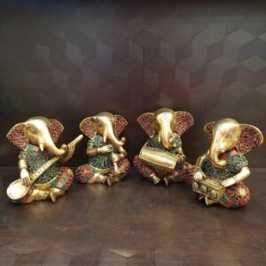 Brass Ganesha Musical Set With Stone Finish