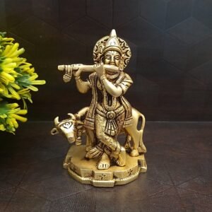 Small Krishna and Cow Brass Statue for Home Decor