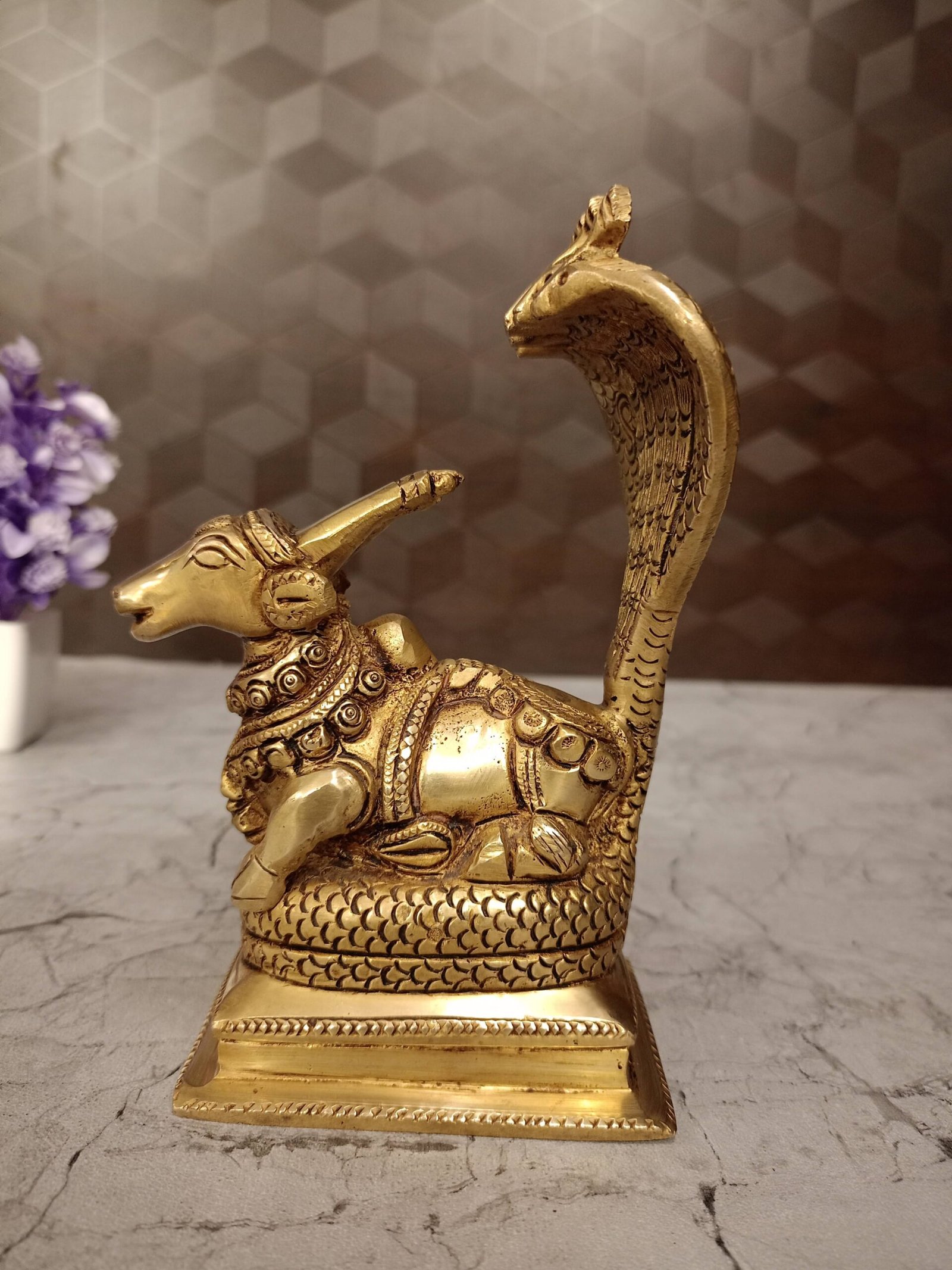 oplus_32 Brass Nandhi with Five Headed Snake Idol- 6" - Image 1