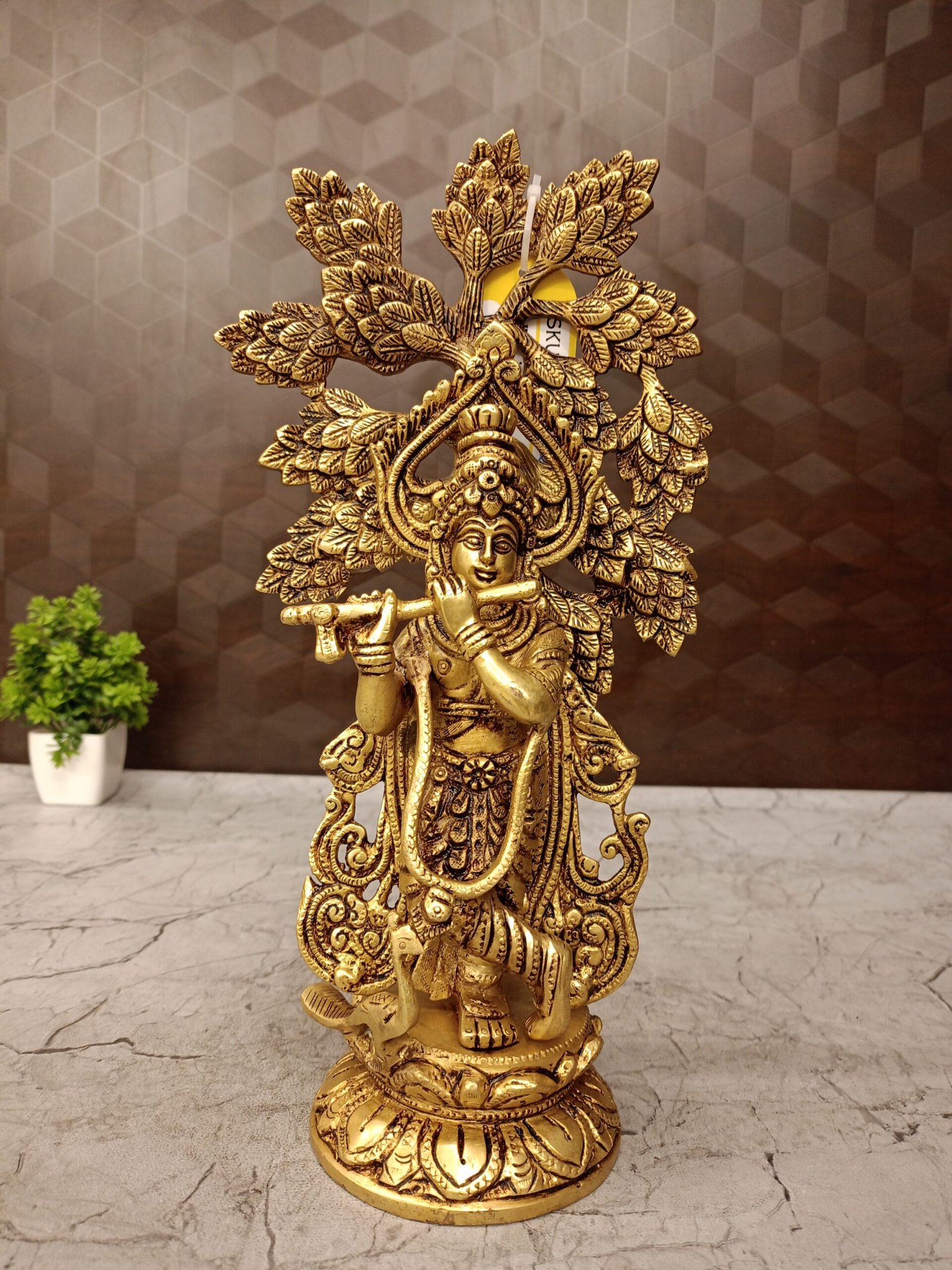 Brass Tree Krishna Idol Decorative Showpiece- 12" 1 brass tree krishna idol