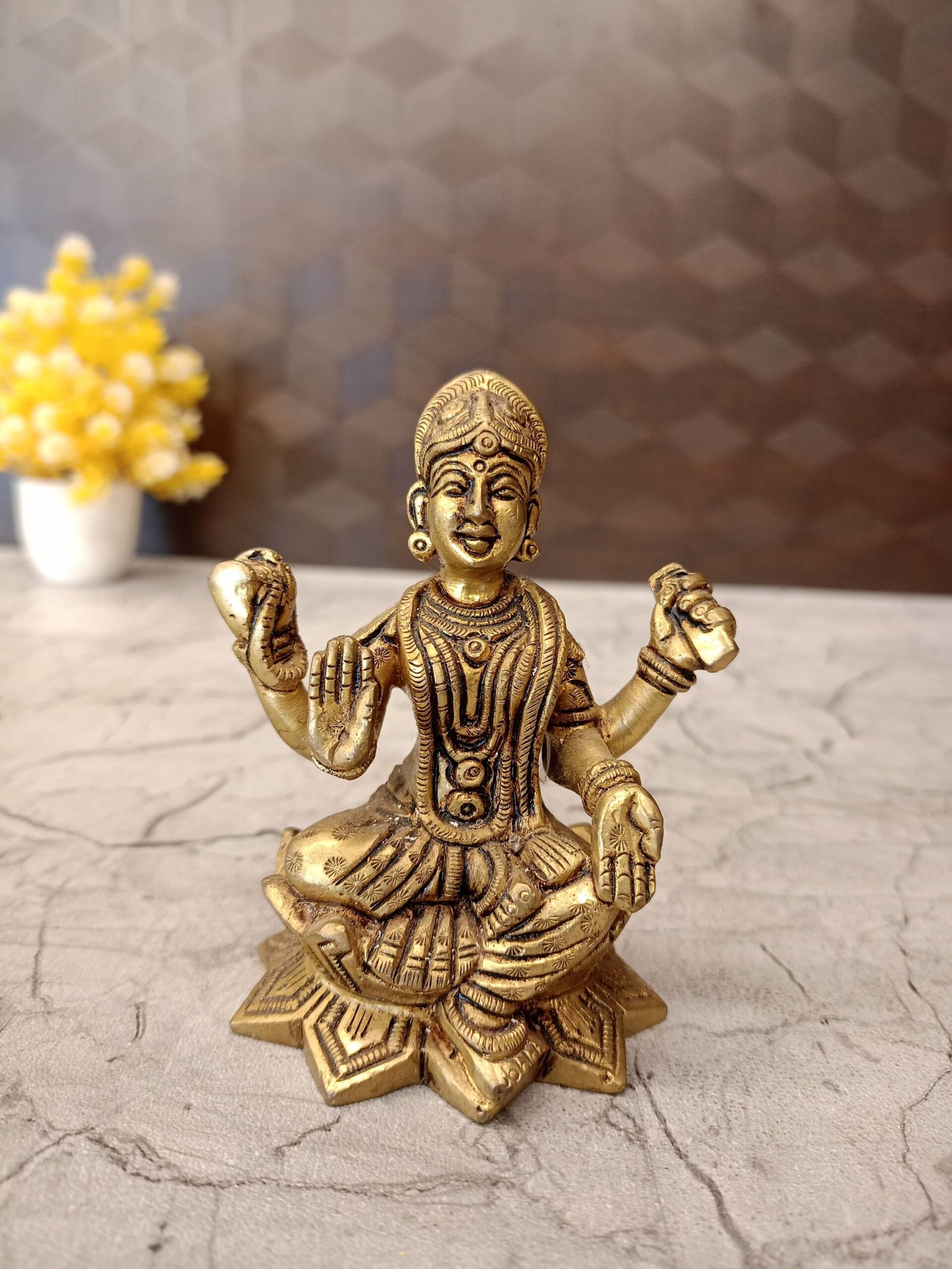 oplus_32 Brass Goddess Balambikai Sitting On Lotus Base Statue 4'' - Image 1