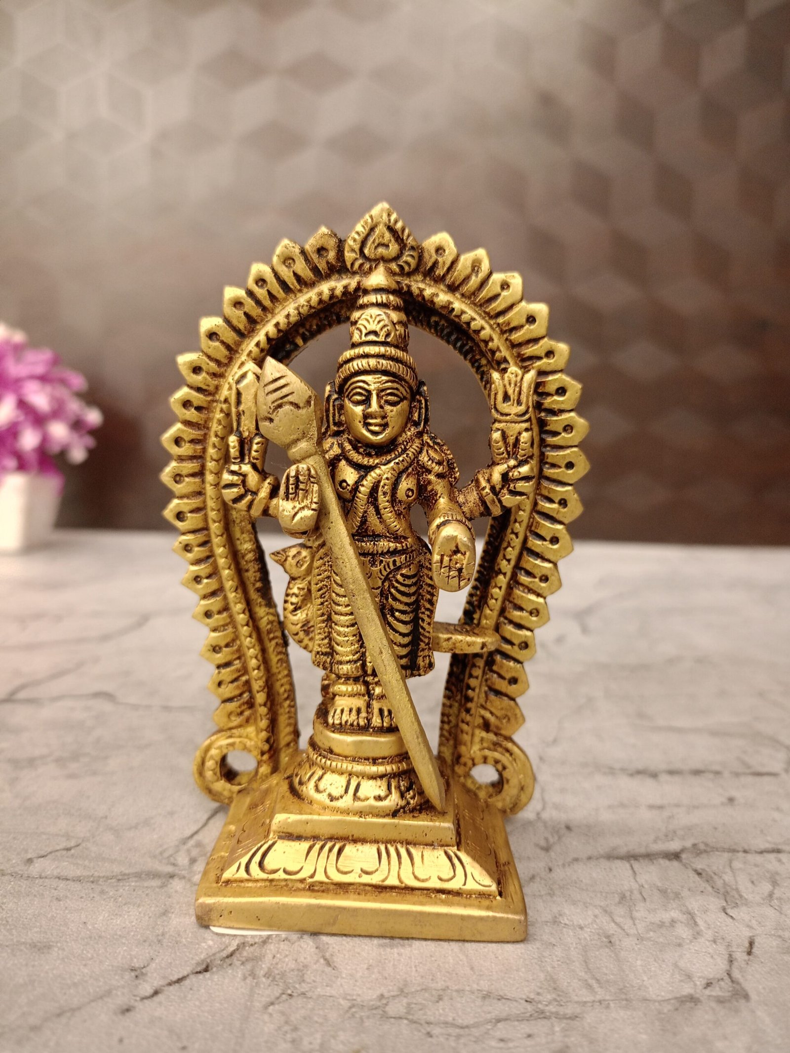 oplus_32 Brass Lord Murugan With Arch Statue | Subramanya Swamy Standing With Vel Handcrafted Idol 5'' - Image 1