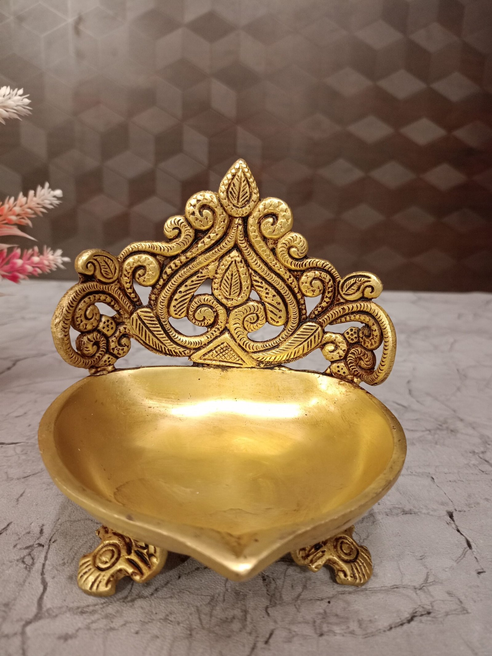 oplus_32 Buy Brass Designer Diya For Home Decor , Pooja 5" - Image 1