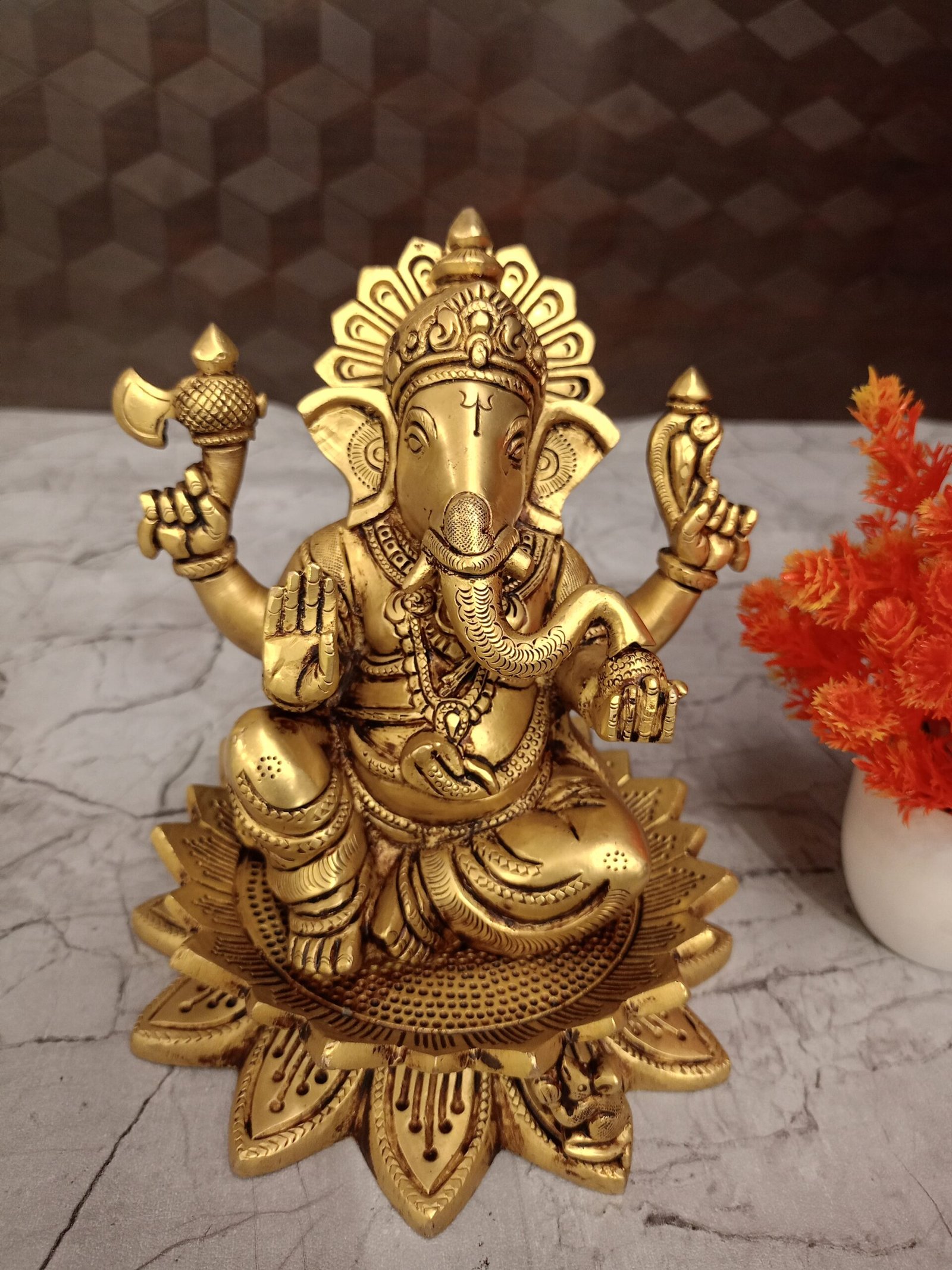 oplus_32 Buy Brass Ganesha Sitting On Lotus Base Idol 7" - Image 1