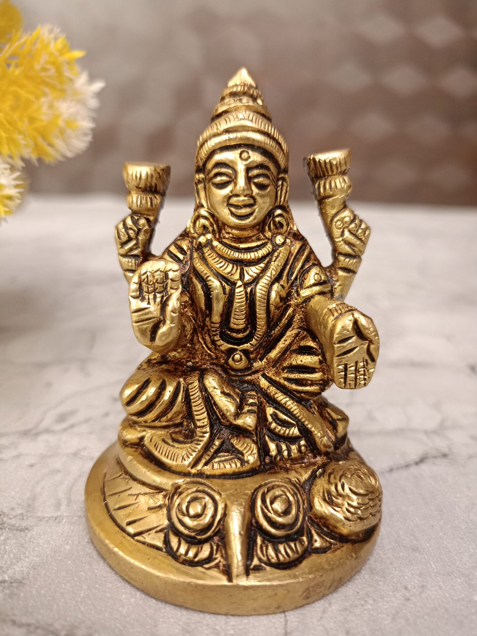 oplus_32 Buy Brass Lakshmi Idol Sitting On Round Base With Flowers 3" - Image 1