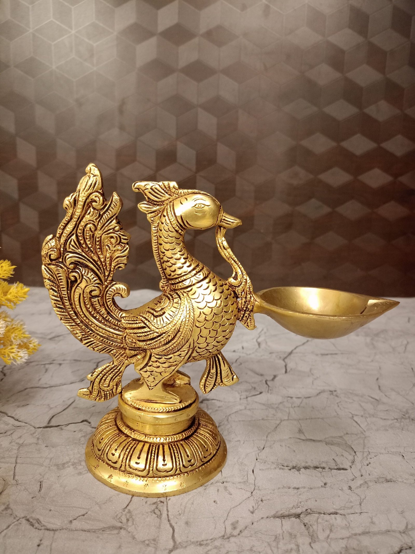 oplus_32 Buy Brass Peacock With Diya Idol 7" - Image 1