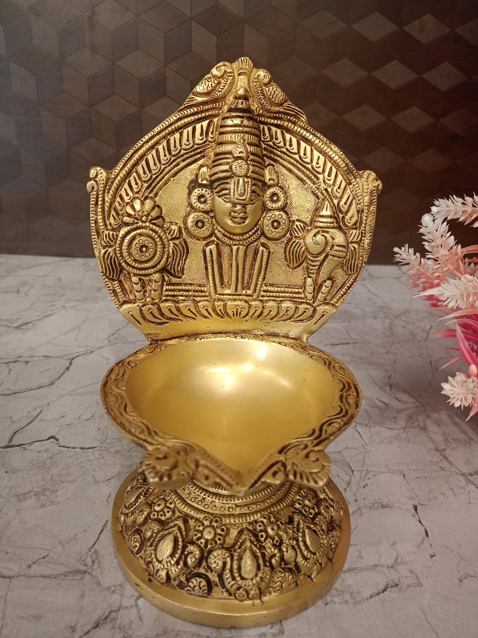 oplus_32 Buy Brass Perumal With Sangu Chakra Namam Diya 9" - Image 1