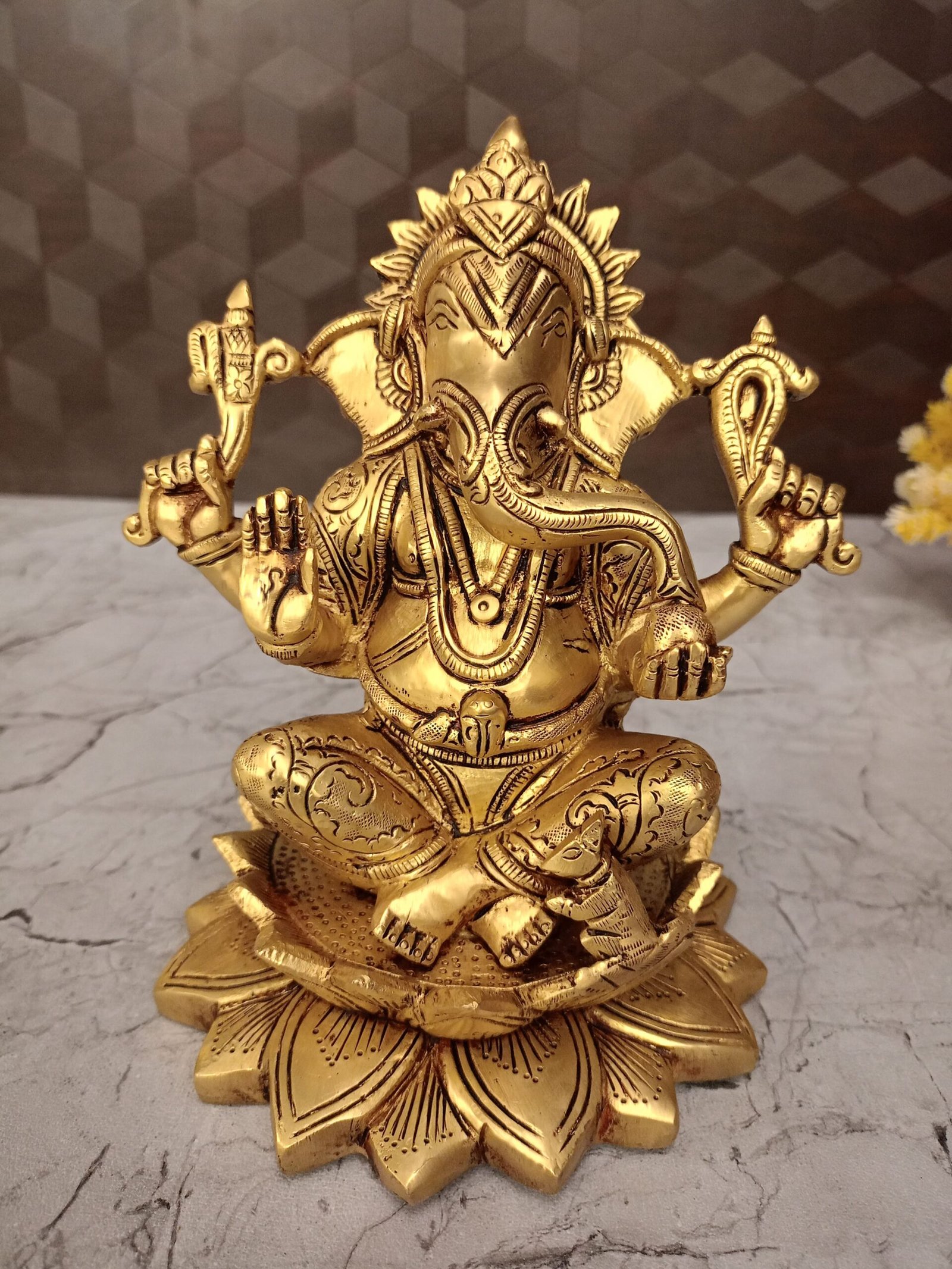 oplus_32 Buy Brass Superfine Ganesha Statue Sitting On Lotus Base 7.5" - Image 1