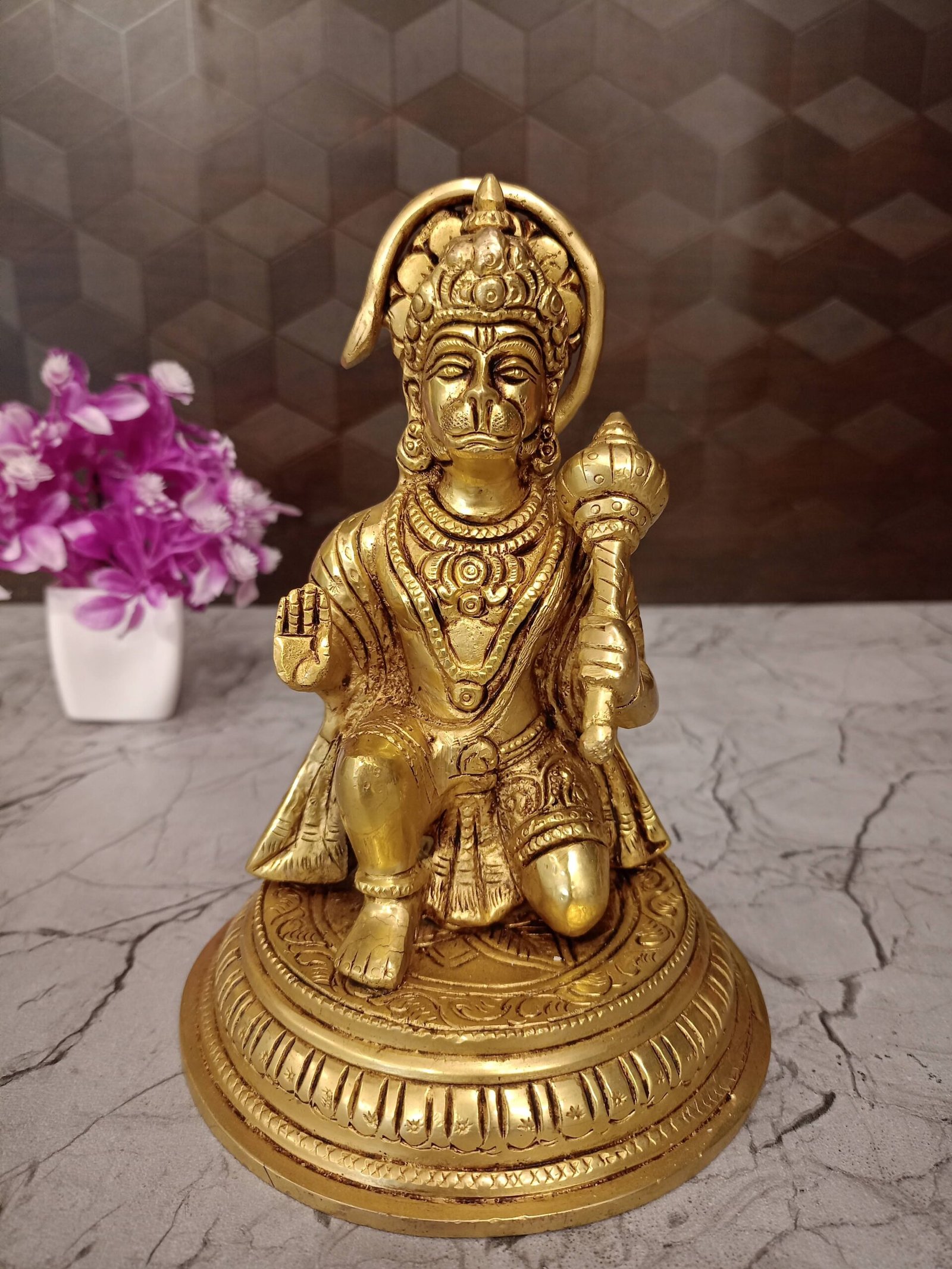 oplus_32 Buy Brass Hanuman Statue Sitting On Round Base 7" - Image 1
