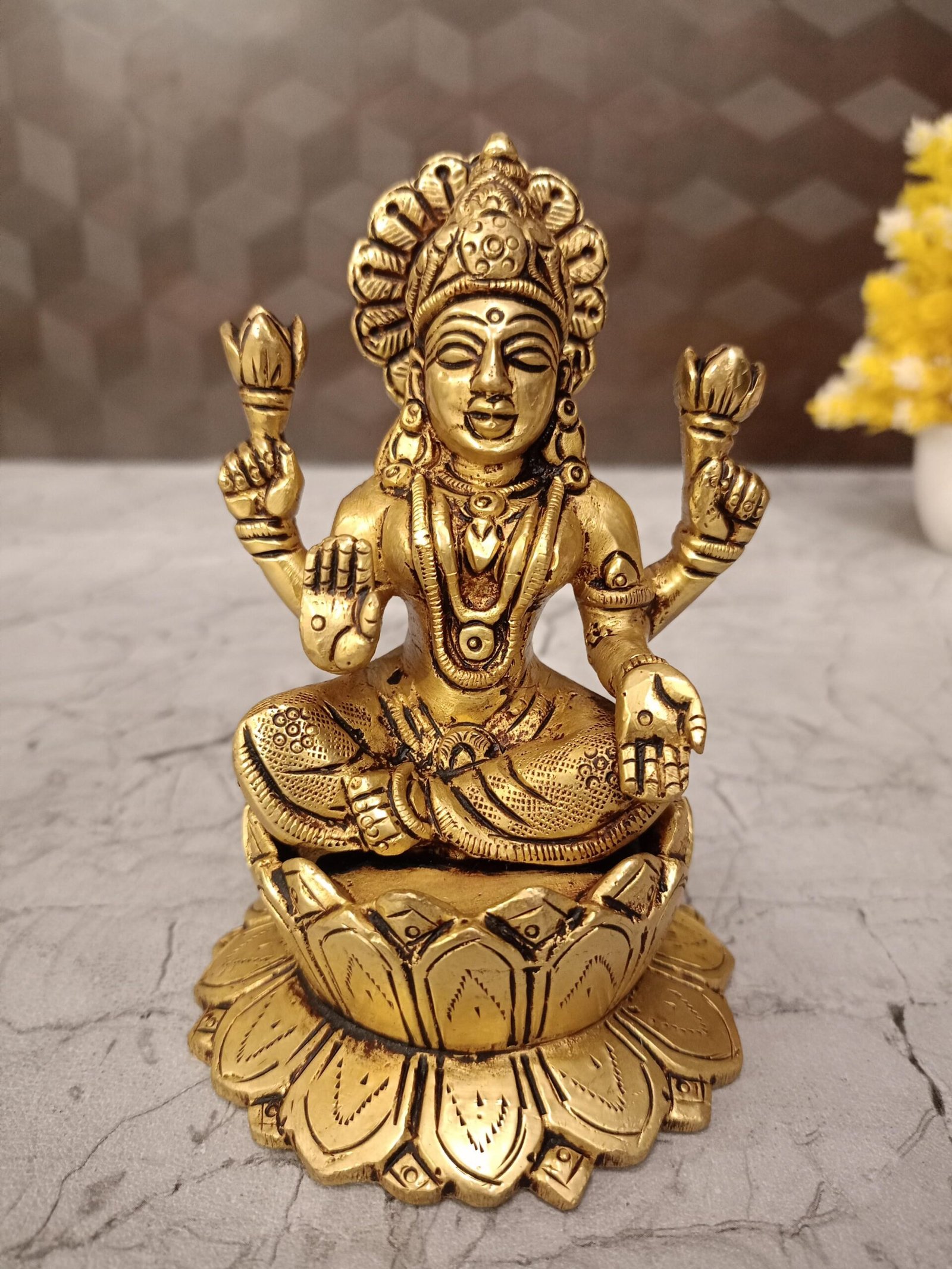 oplus_32 Buy Brass Lakshmi Statue Sitting On Lotus 5" - Image 1