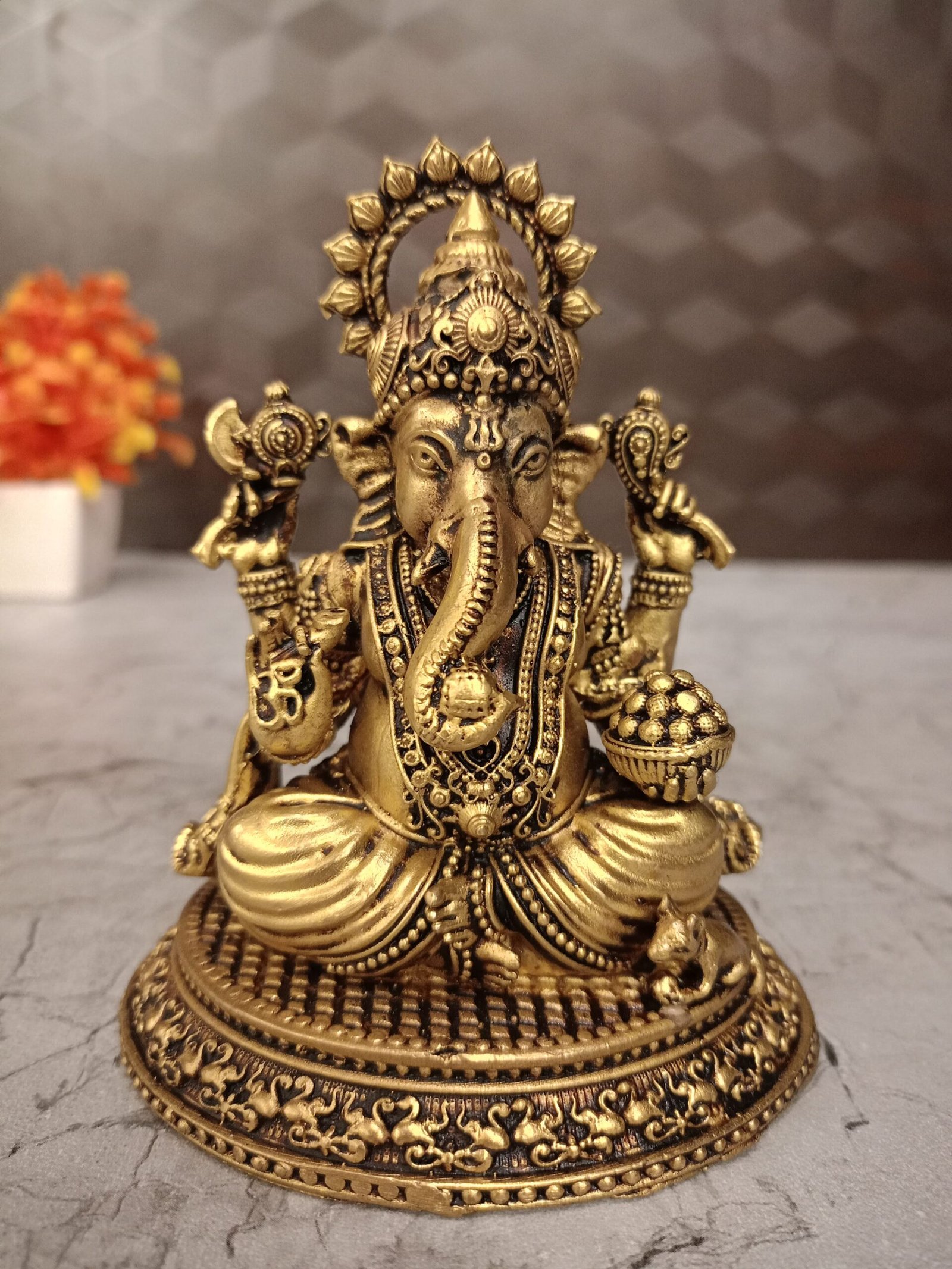 oplus_32 Buy Brass Fine Art Ganesha Sitting On Oval Base Statue 5.5" - Image 1