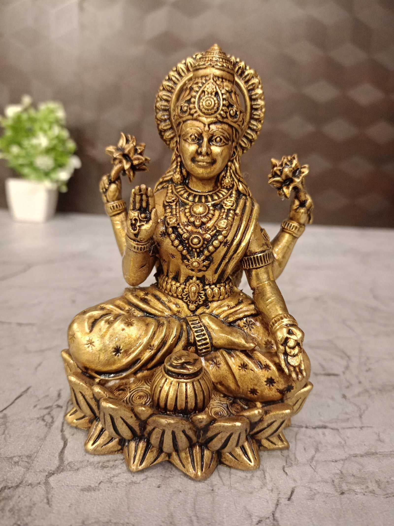 oplus_32 Buy Brass Lakshmi Sitting On Lotus With Coin Pot 5" - Image 1