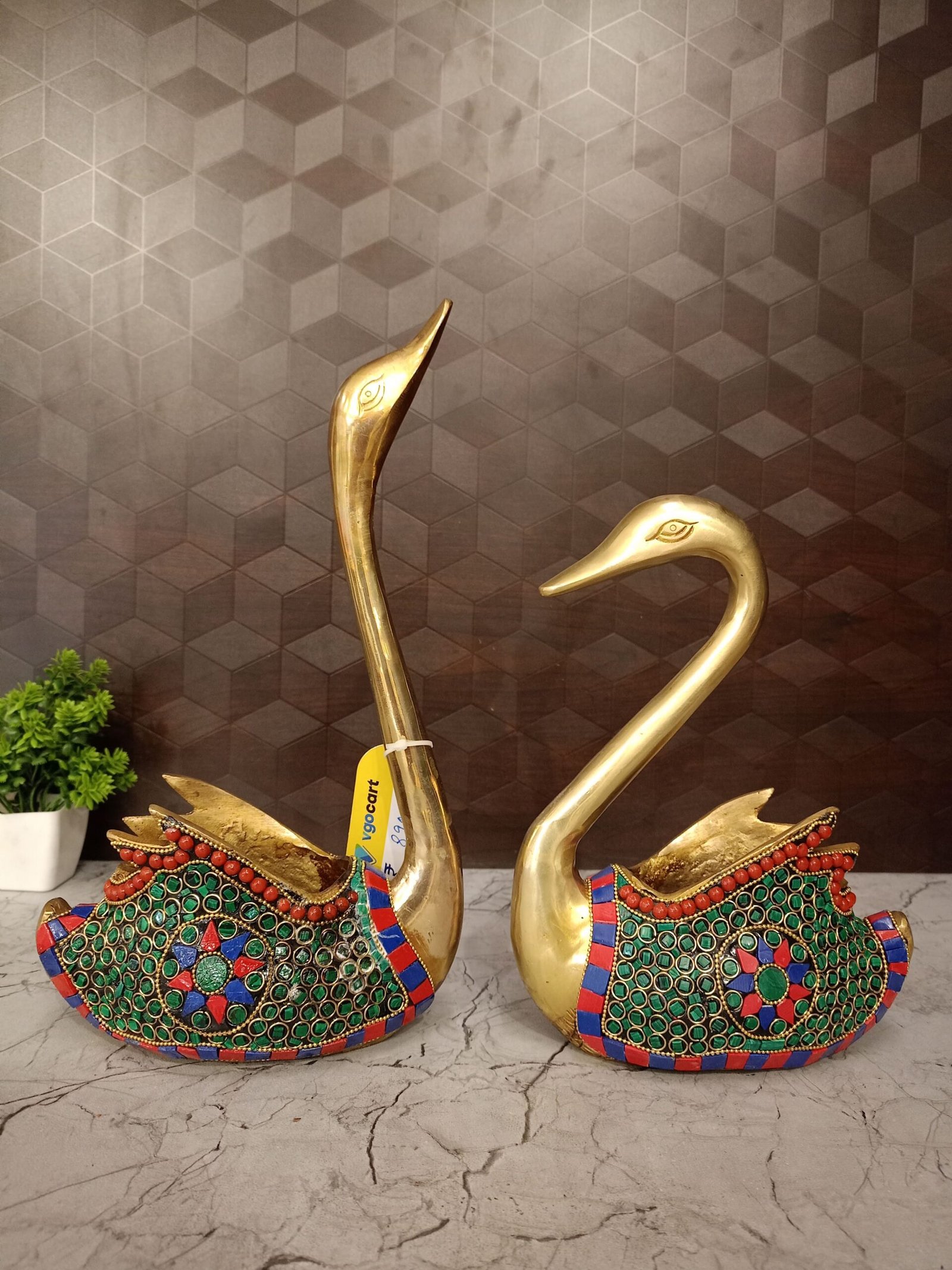 oplus_32 Brass Stone Swan Pair Statue 12.5" - Image 1