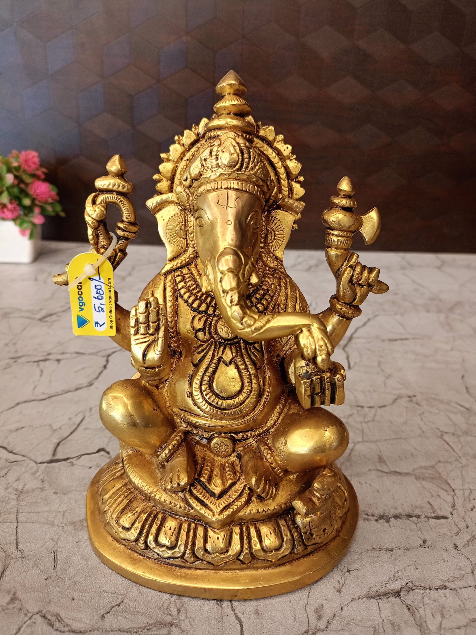 oplus_32 Brass Ganesha Statue Sitting On Round Base 8" - Image 1