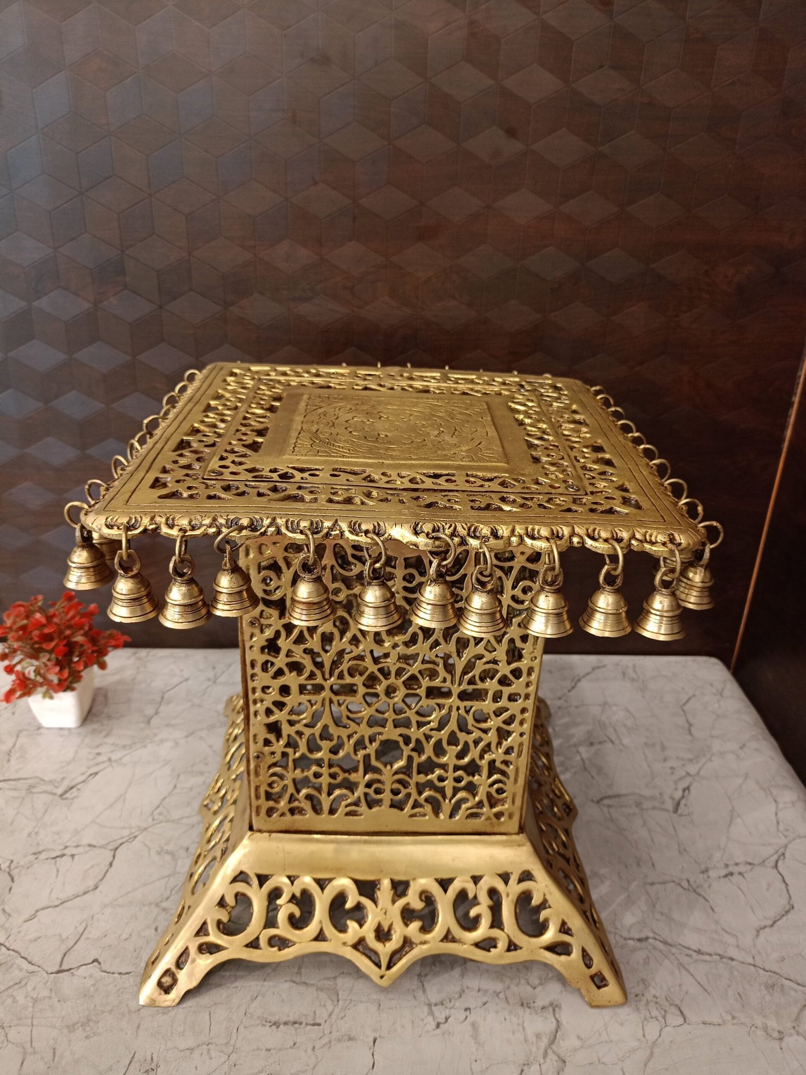 oplus_32 Brass Chowki Stand With Bell Big 15.5" - Image 1