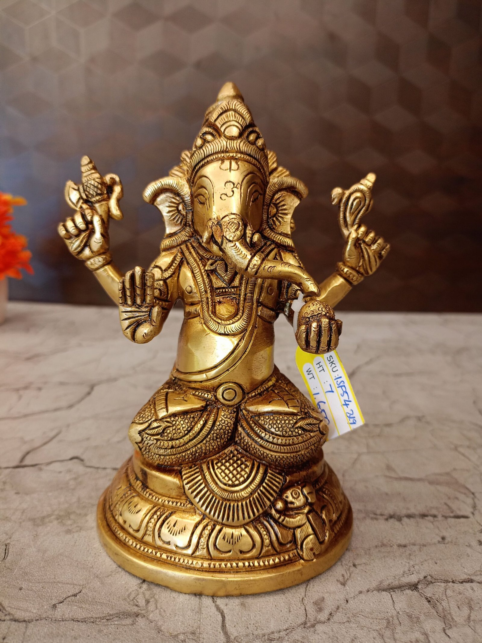 oplus_32 Brass Ganesha Sitting On Round Base 7" - Image 1