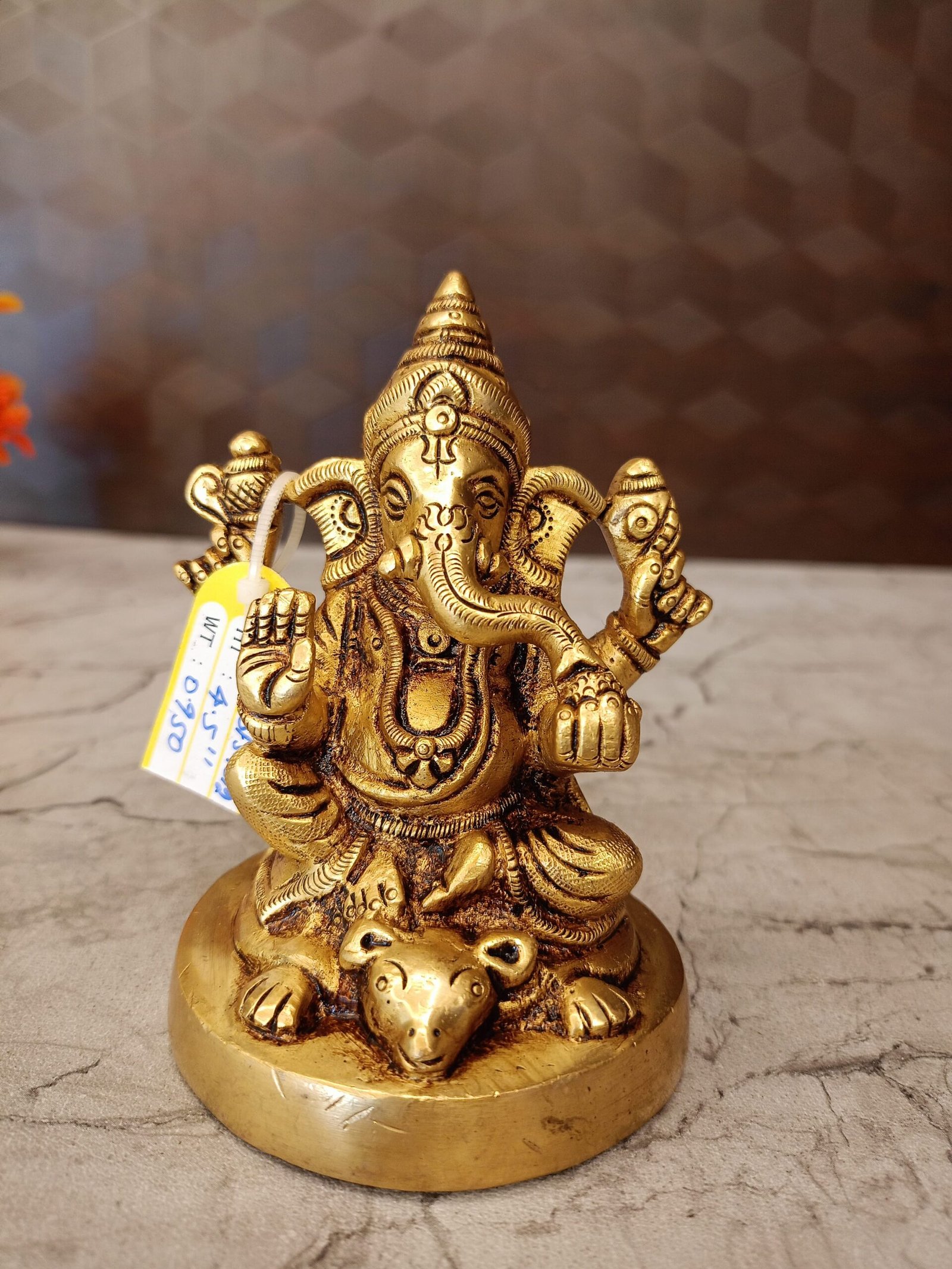 oplus_32 Brass Round Base Ganesha Sitting On Rat 4.5" - Image 1