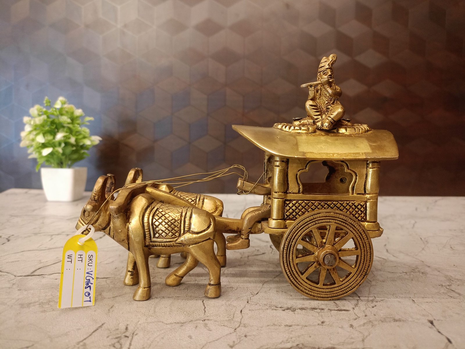 oplus_0 Brass Bullockcart With Krishna Idol 6" - Image 1