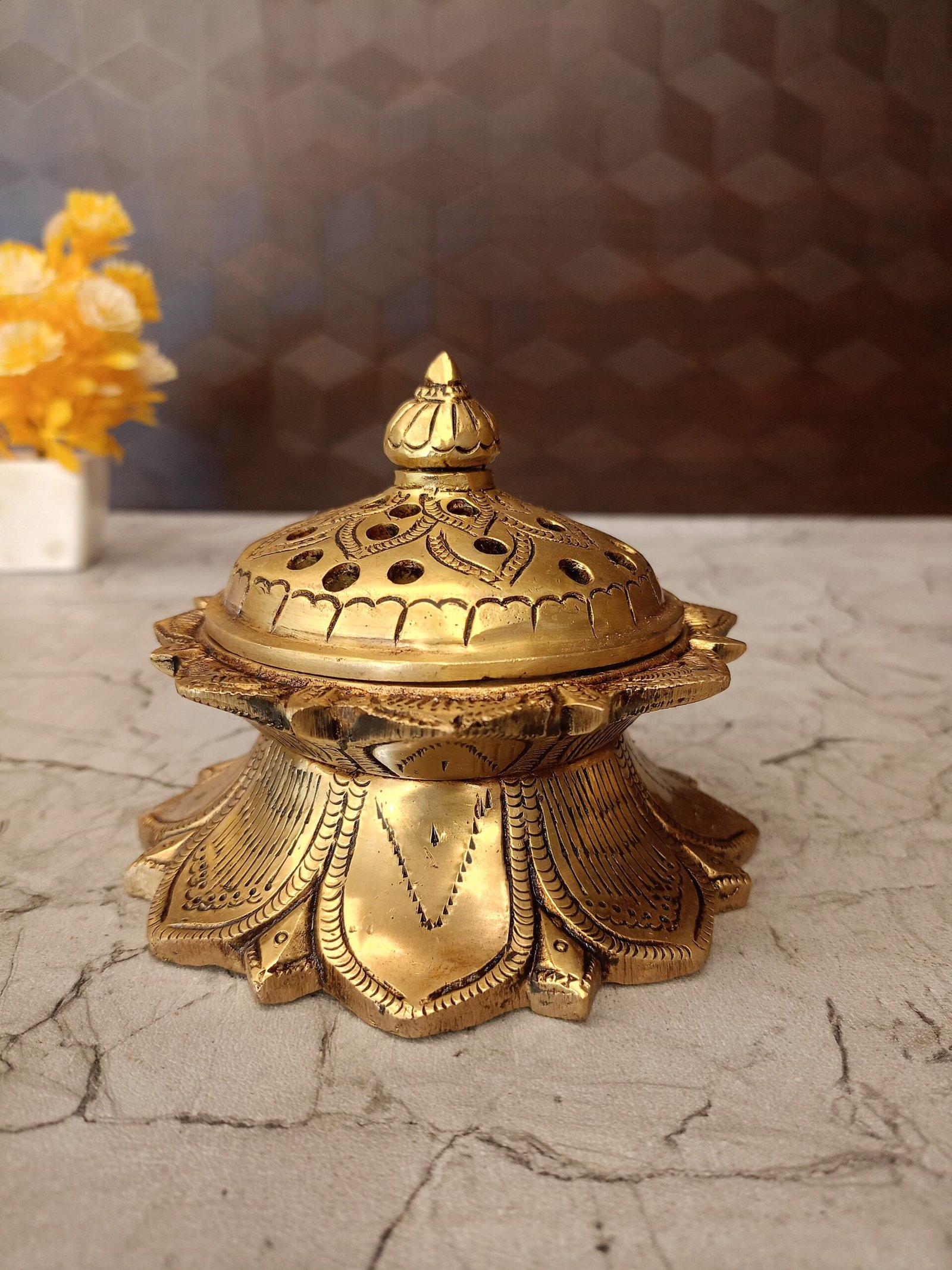 oplus_32 Brass Lotus Dhoop Holder idol For Pooja 4" - Image 1