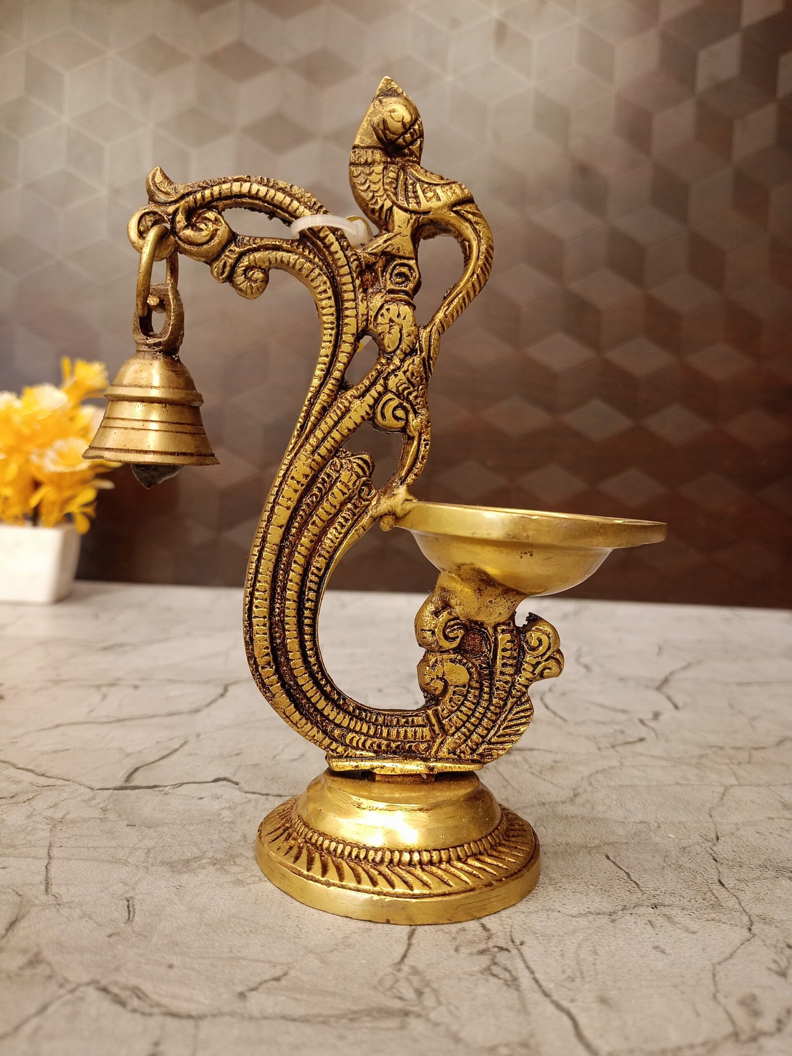 oplus_32 Brass Single face Diya Parrot With Bell 7" - Image 1