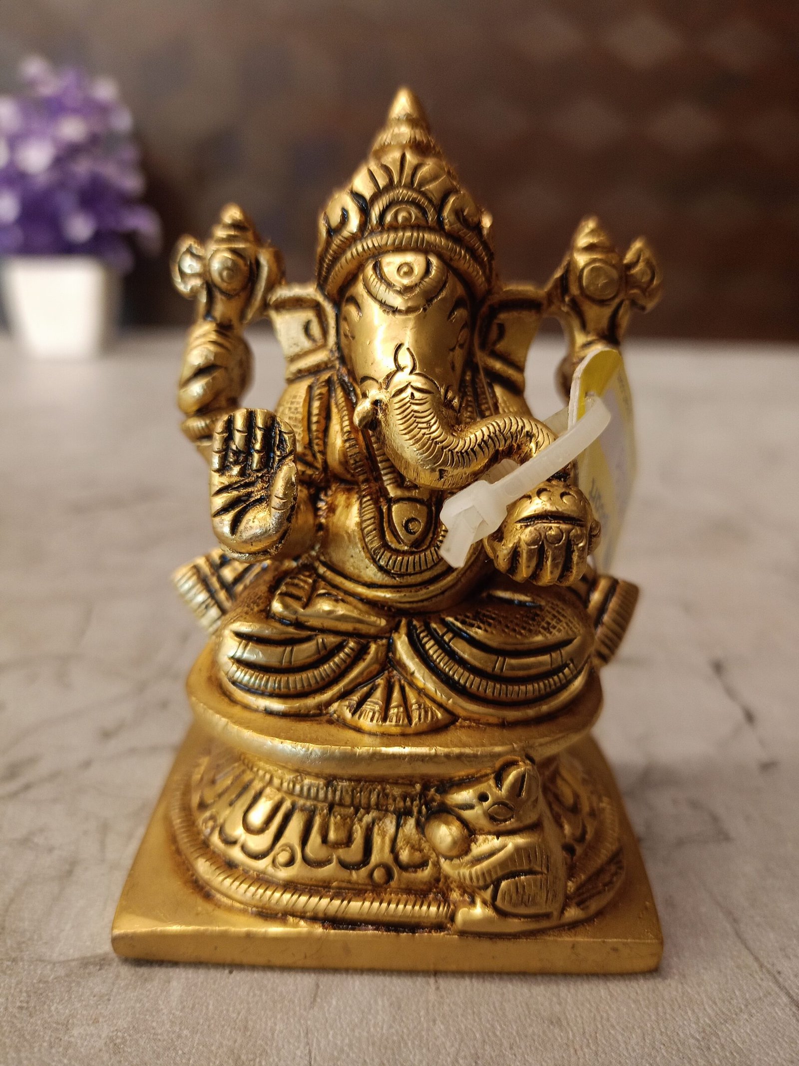 oplus_32 Brass Small Ganesha Idol Sitting On Square Base 3.5" - Image 1
