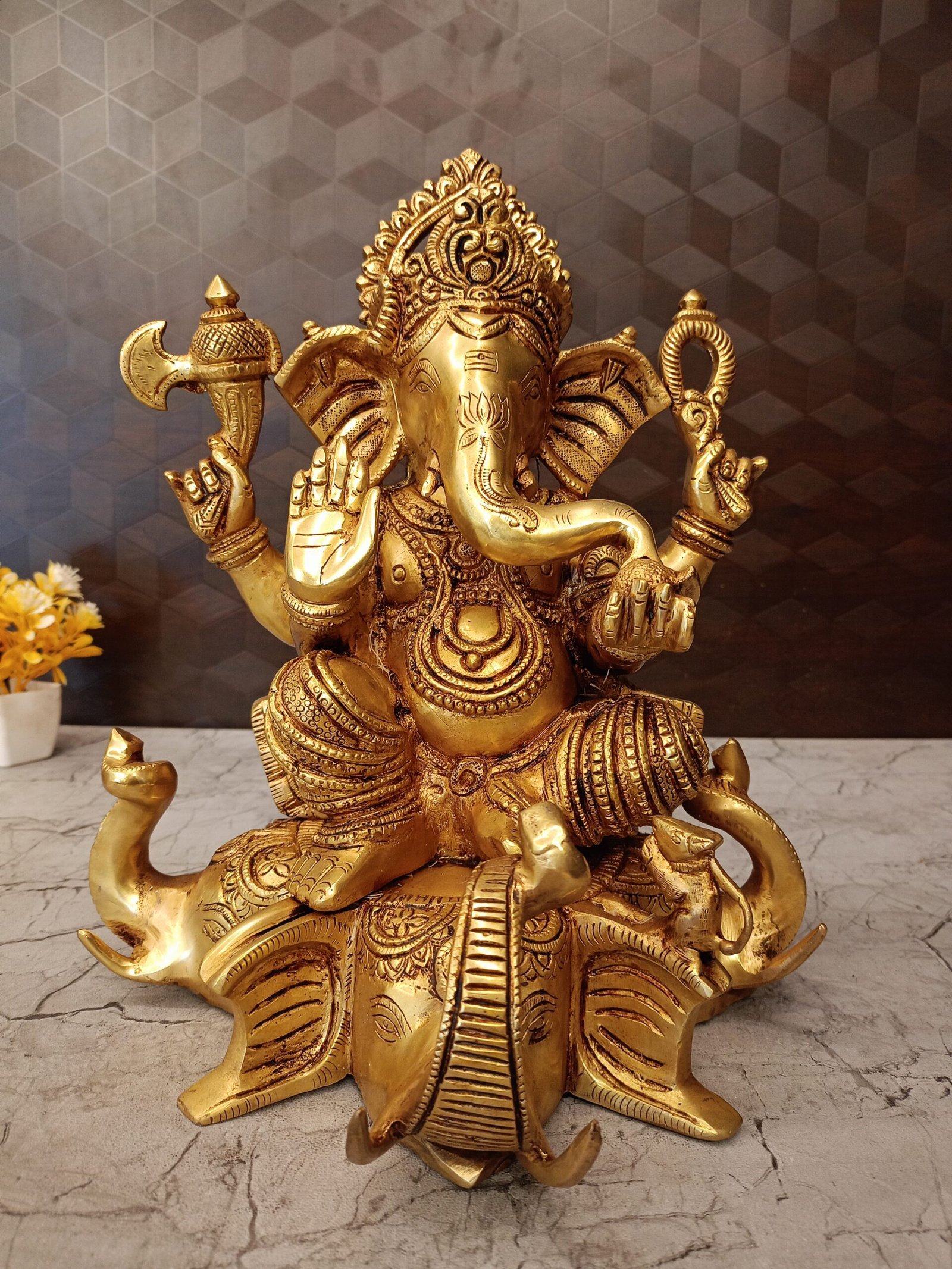 brass-ganesha-sitting-elephant-head-poooja-gift-vgocart-coimbatore-india Brass Ganesha Idol Sitting On Elephant Head 12.5" - Image 1