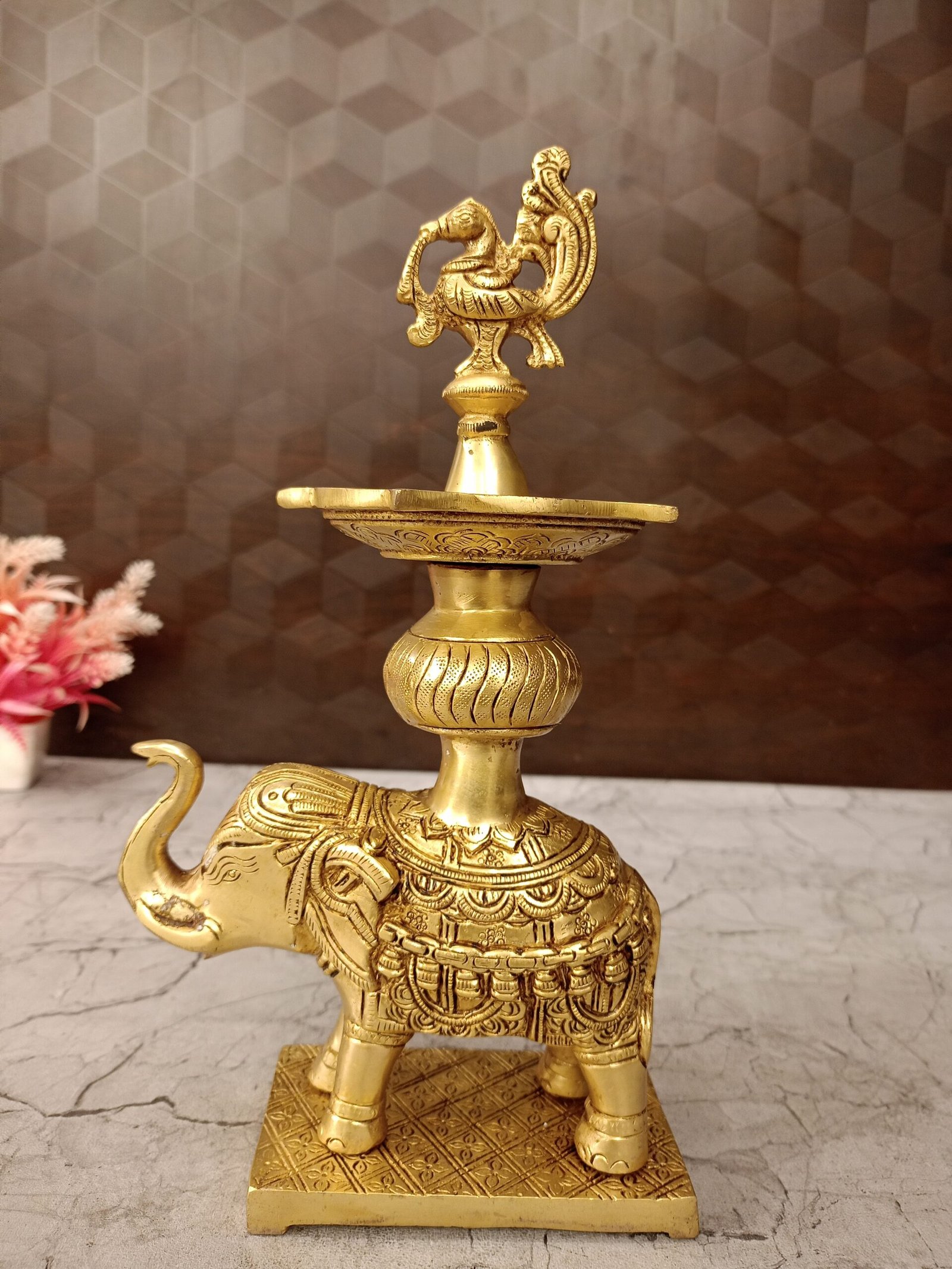 oplus_32 Brass Elephant With Annam Five Face Diya 11" - Image 1
